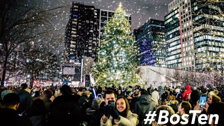 The Christmas tree lighting at Snowport in Boston Seaport.