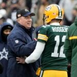 Dallas Cowboys head coach Mike McCarthy, left, and Green Bay Packers quarterback Aaron Rodgers (12) greet each other during warmups before an NFL football game Sunday, Nov. 13, 2022, in Green Bay, Wis.