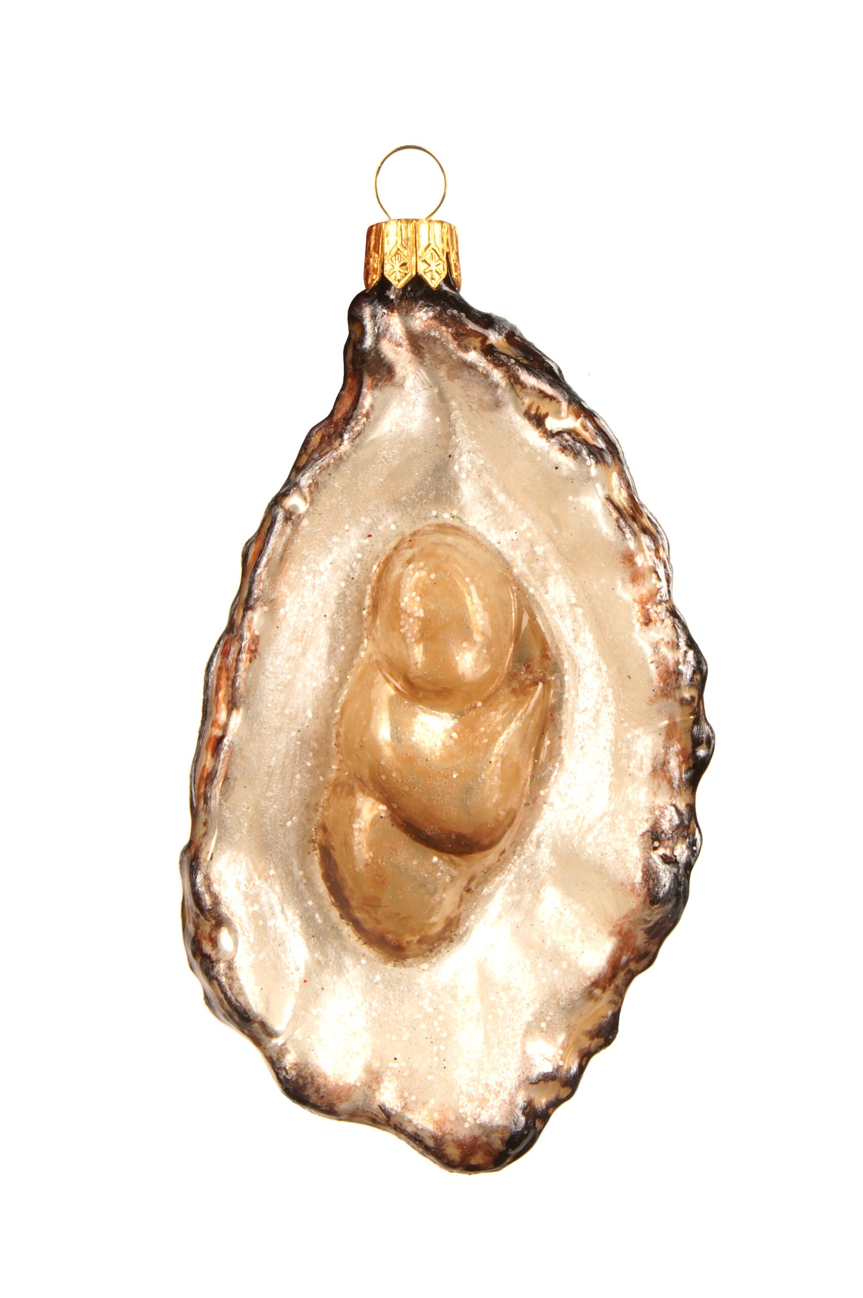 A glass ornament of a shucked oyster.