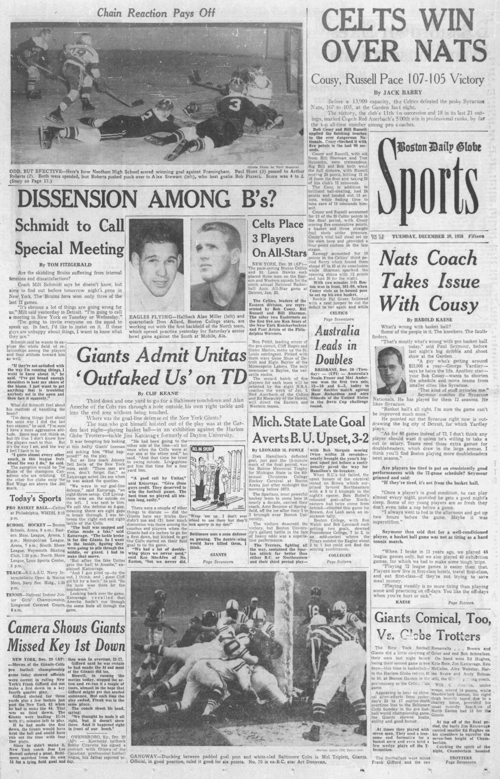 Boston Globe 1958: Bill Russell and Bob Cousy lead Celtics past Nationals.
