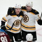 Bruins center Trent Frederic, back left, is congratulated on his goal against the Colorado Avalanche, by center Charlie Coyle during the third period