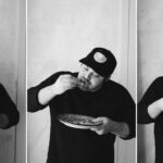A triptych of photos of chef Colton Coburn Wood eating a taco