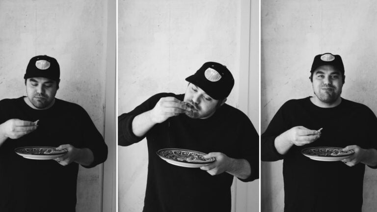 A triptych of photos of chef Colton Coburn Wood eating a taco