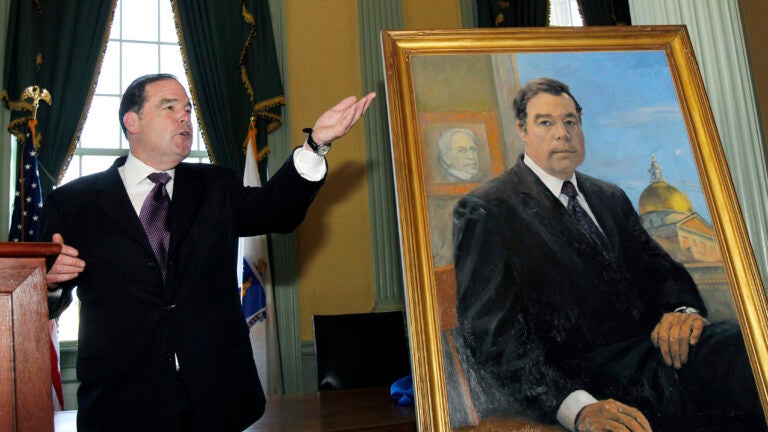 alt = Former Massachusetts Senate President Thomas Birmingham of Chelsea, Mass. gestures as he unveils his official portrait at the Statehouse in Boston Thursday, May 12, 2011.