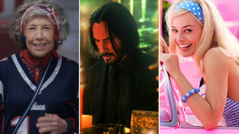 Lily Tomlin in "80 for Brady," Keanu Reeves in "John Wick Chapter 4," and Margot Robbie in "Barbie."