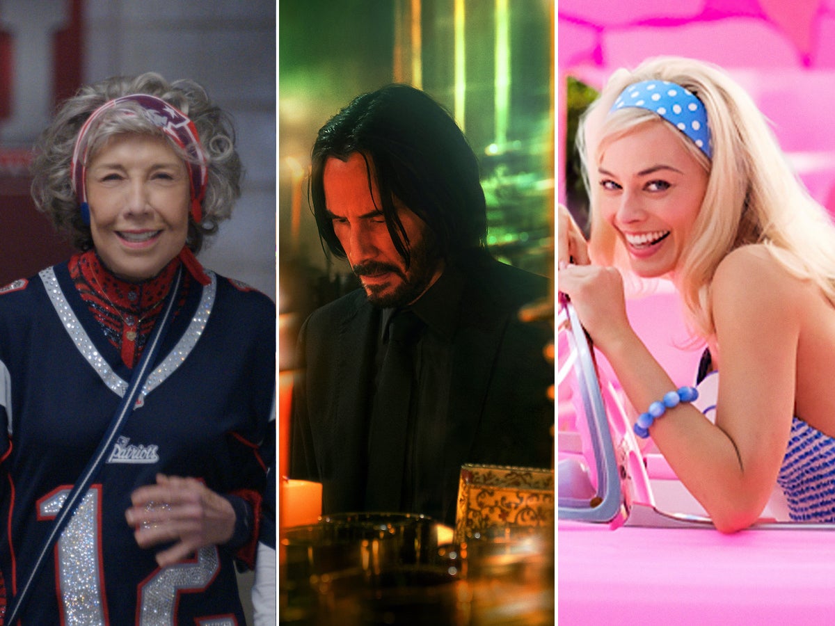Lily Tomlin in "80 for Brady," Keanu Reeves in "John Wick Chapter 4," and Margot Robbie in "Barbie."