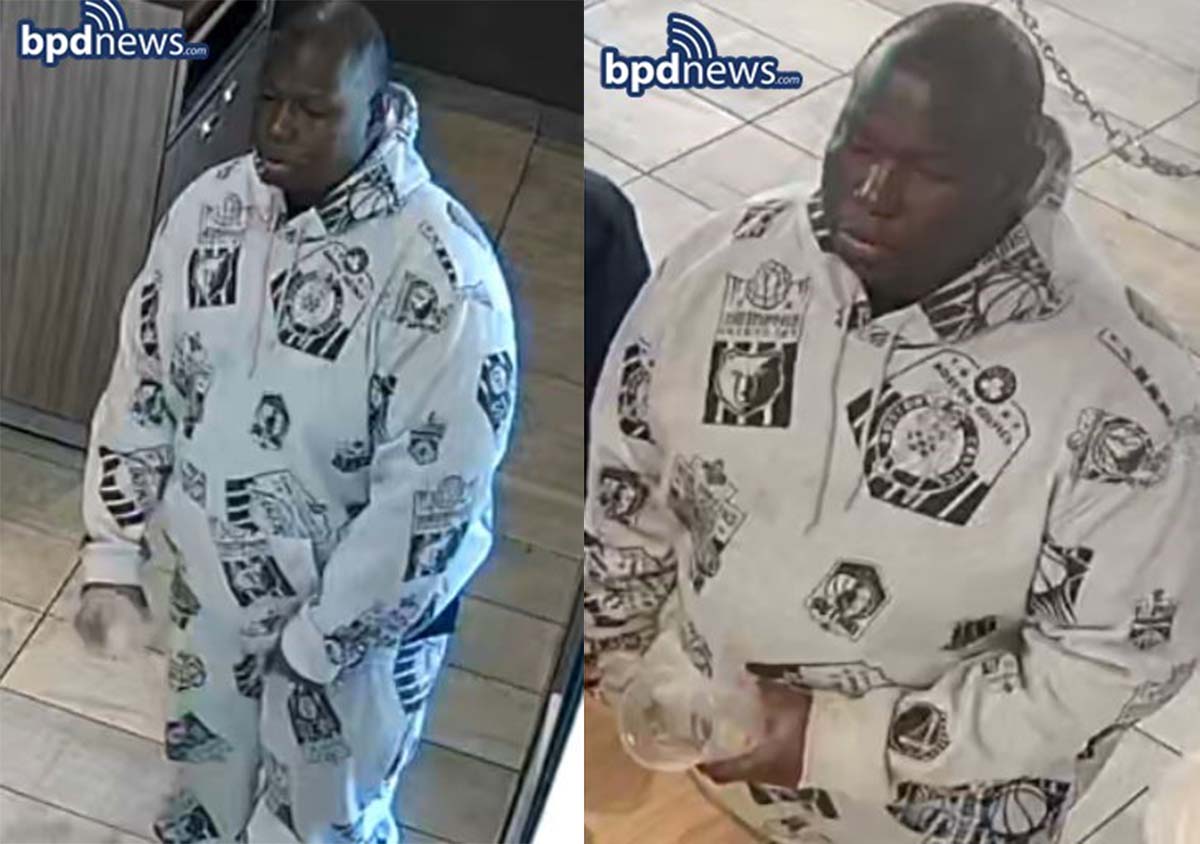 alt = two photos of a man accused of pushing a glass-encased bakery warmer off of the counter at a McDonald's on Warren Street in Roxbury on Dec. 29.