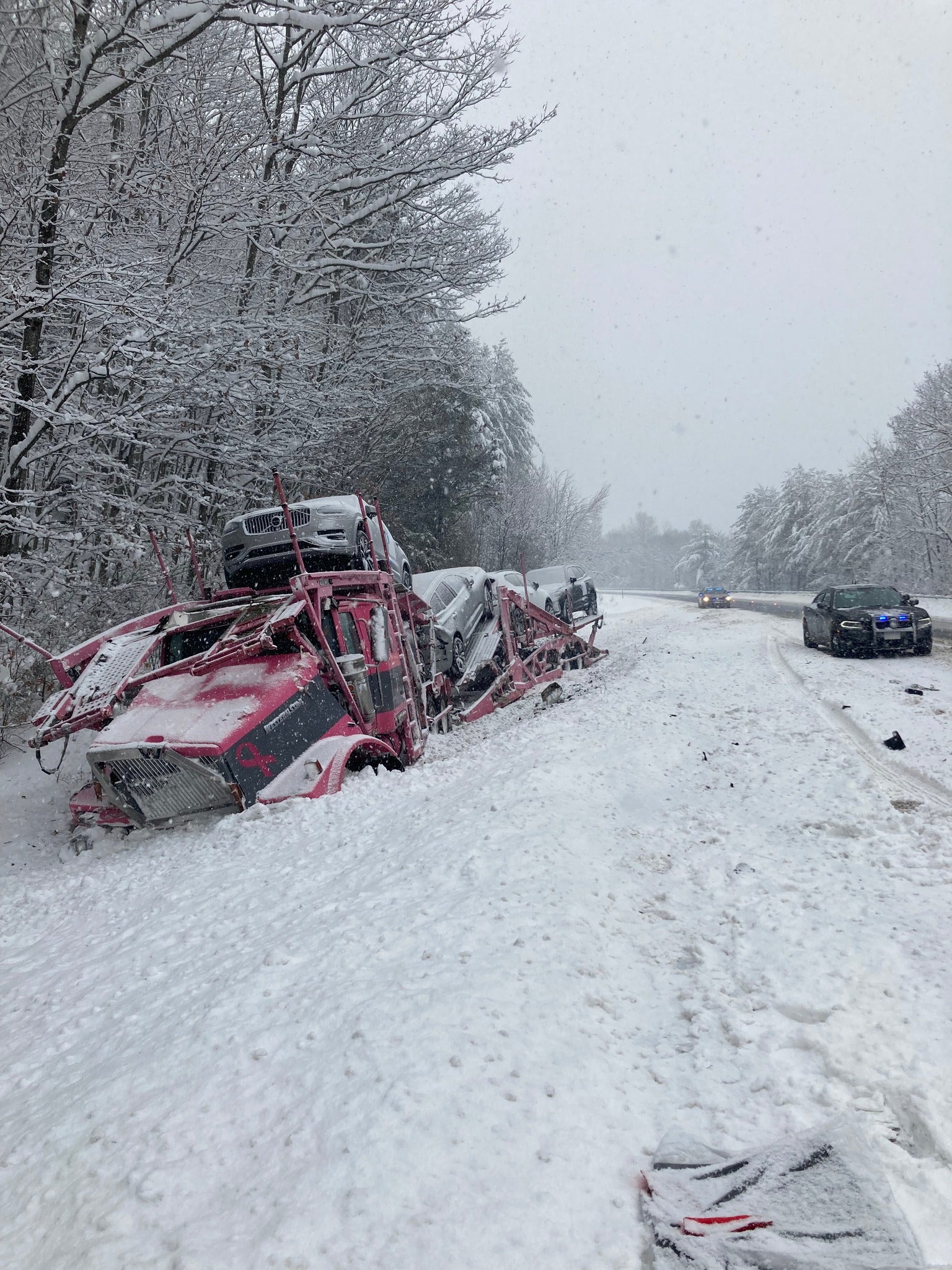 A commercial car carrier crashed on I-89 south in Warner, New Hampshire, on Monday morning.