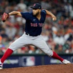 Boston Red Sox pitcher Darwinzon Hernandez throws against the Houston Astros during the ninth inning in Game 2 of baseball's American League Championship Series Saturday, Oct. 16, 2021, in Houston.