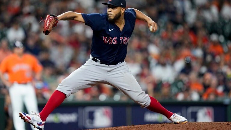 Boston Red Sox pitcher Darwinzon Hernandez throws against the Houston Astros during the ninth inning in Game 2 of baseball's American League Championship Series Saturday, Oct. 16, 2021, in Houston.
