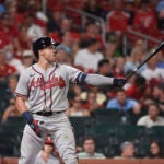 Atlanta Braves' Adam Duvall at bat during the eighth inning of a baseball game against the St. Louis Cardinals on Wednesday, Aug. 4, 2021, in St. Louis.