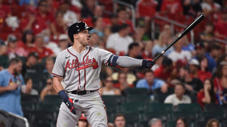 Atlanta Braves' Adam Duvall at bat during the eighth inning of a baseball game against the St. Louis Cardinals on Wednesday, Aug. 4, 2021, in St. Louis.