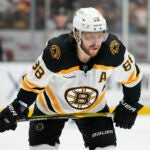 Boston Bruins' David Pastrnak (88) waits for the puck to drop during the second period of an NHL hockey game against the Anaheim Ducks Sunday, Jan. 8, 2023, in Anaheim, Calif.