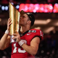 Georgia quarterback Stetson Bennett celebrates victory over TCU after the national championship NCAA College Football Playoff game, Monday, Jan. 9, 2023, in Inglewood, Calif. Georgia won 65-7.