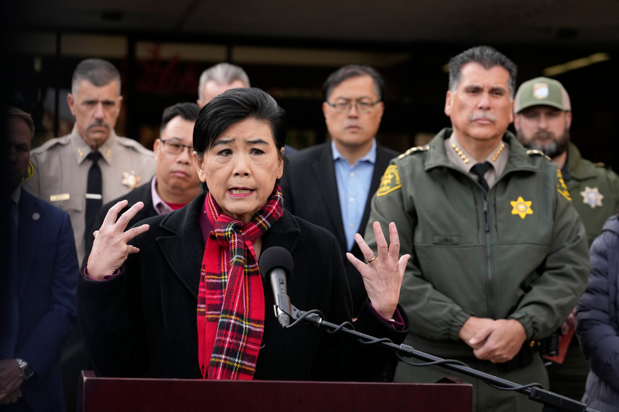 alt= Rep. Judy Chu, D-Calif., left, addresses the media with Los Angeles County Sheriff Robert Luna, right, outside the Civic Center in Monterey Park, Calif., Sunday, Jan. 22, 2023.