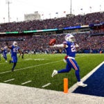 Things started off poorly as Buffalo Bills running back Nyheim Hines (20) took the opening kick off back for a touchdown, the first of two for the day by Hines. The Buffalo Bills host the New England Patriots at Highmark Stadium Sunday, January 8, 2023 in Orchard Park, NY.