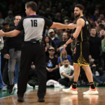 Klay Thompson #11 of the Golden State Warriors walks off of the court after fouling out during overtime against the Boston Celtics at TD Garden on January 19, 2023 in Boston, Massachusetts. The Celtics defeat the Warriors 121-118.