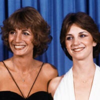FILE - Penny Marshal, left, and Cindy Williams from the comedy series "Laverne & Shirley" appear at the Emmy Awards in Los Angeles on Sept. 9, 1979.