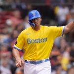 Boston Red Sox's Triston Casas celebrates after scoring on a single by Enrique Hernandez in the fourth inning of a baseball game against the Baltimore Orioles, Thursday, Sept. 29, 2022, in Boston.