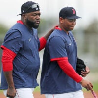 Rafael Devers (right) made his first appearence in camp today, he is pictured with David Ortiz (left) before he started to participate in a workout. The Red Sox continued Spring Training workouts today at the Jet Blue Park complex.