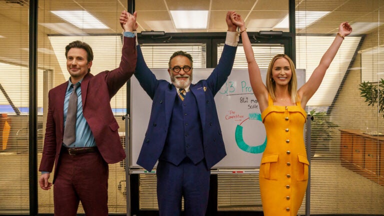 Chris Evans, Andy Garcia, and Emily Blunt in "Pain Hustlers."