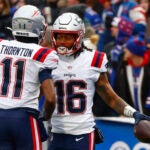 New England Patriots wide receiver Jakobi Meyers (16) celebrates after scoring a touchdown during the first half of an NFL football game against the Buffalo Bills, Sunday, Jan. 8, 2023, in Orchard Park.