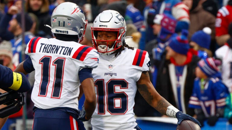 New England Patriots wide receiver Jakobi Meyers (16) celebrates after scoring a touchdown during the first half of an NFL football game against the Buffalo Bills, Sunday, Jan. 8, 2023, in Orchard Park.