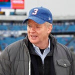NFL Commissioner Roger Goodell is interviewed on the field during practices before an NFL football game between the Buffalo Bills and the New England Patriots, Sunday, Jan. 8, 2023, in Orchard Park, N.Y.