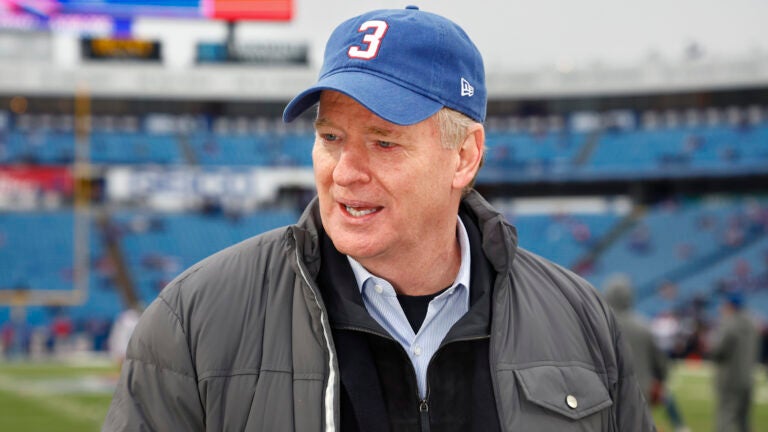 NFL Commissioner Roger Goodell is interviewed on the field during practices before an NFL football game between the Buffalo Bills and the New England Patriots, Sunday, Jan. 8, 2023, in Orchard Park, N.Y.