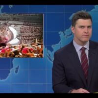 "Weekend Update" anchor Colin Jost jokes about Minnechaug Regional High School in Wilbraham on "Saturday Night Live."