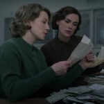 Carrie Coon (L) as Jean Cole and Keira Knightley (R) as Loretta McLaughlin in "Boston Strangler."