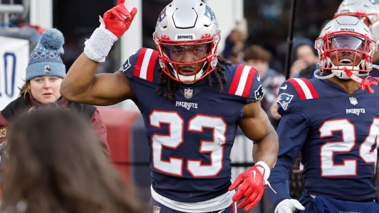 New England Patriots' Kyle Dugger against the New York Jets during an NFL  football game at Gillette Stadium, Sunday, Nov. 20, 2022 in Foxborough,  Mass. (Winslow Townson/AP Images for Panini Stock Photo 