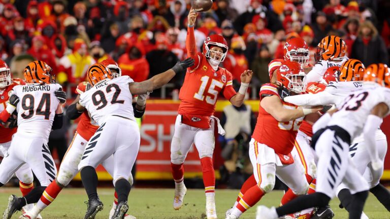 Patrick Mahomes #15 of the Kansas City Chiefs throws a pass against the Cincinnati Bengals during the fourth quarter of the AFC Championship Game.