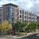 A rendering of a multi-story building with a red and gray facade.