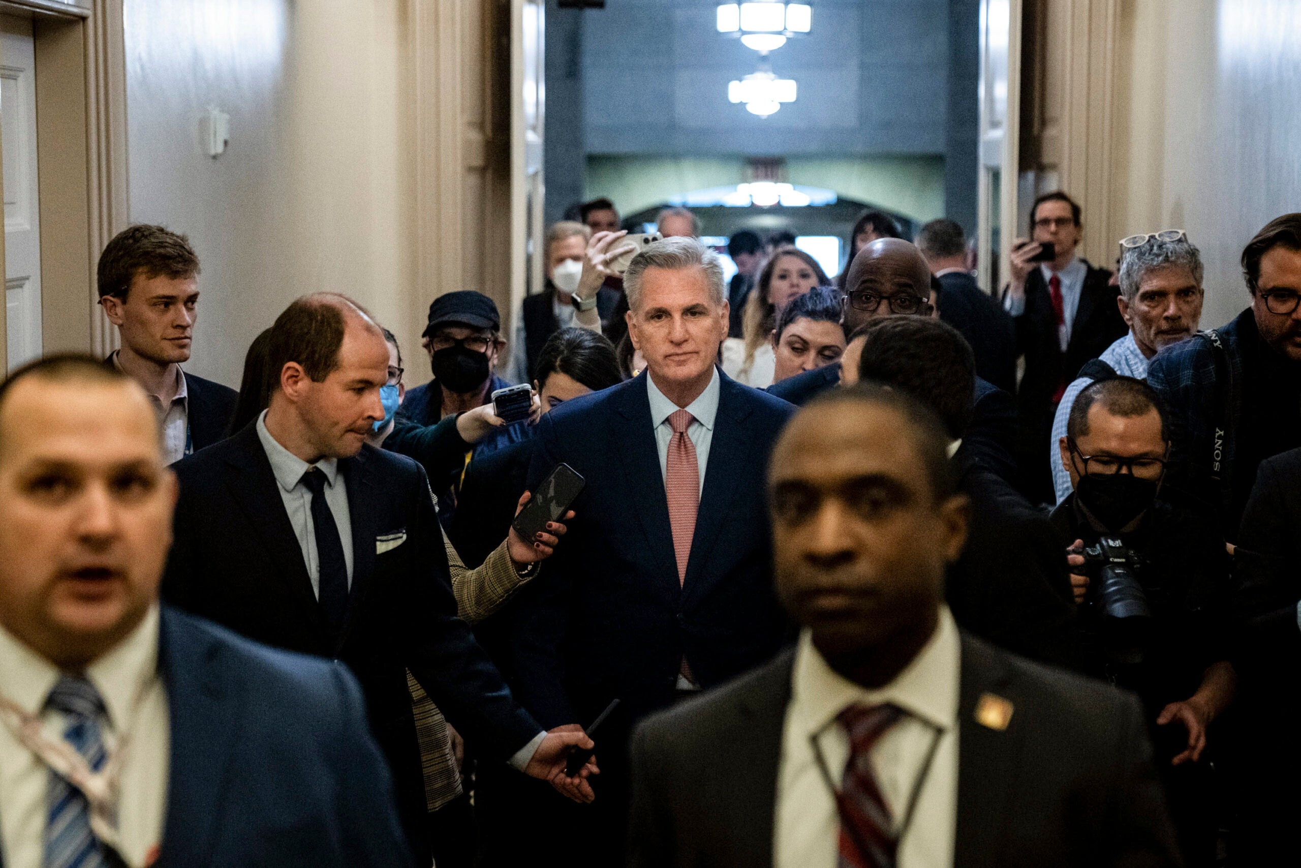 Rep. Kevin McCarthy (R-Calif.) exits a closed-door meeting regarding his speakership vote on Capitol Hill