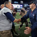 Patriots head coach Bill Belichick (left) and Texans head coach Bill O'Brien (right) shake hands after New England's victory. The New England Patriots hosted the Houston Texans in a Thursday night NFL regular season football game.