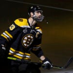 Bruins captain Zdeno Chara is pictured on the ice during pre game warmups. The Boston Bruins host the St. Louis Blues in Game 5 of the 2019 Stanley Cup Final at TD Garden.