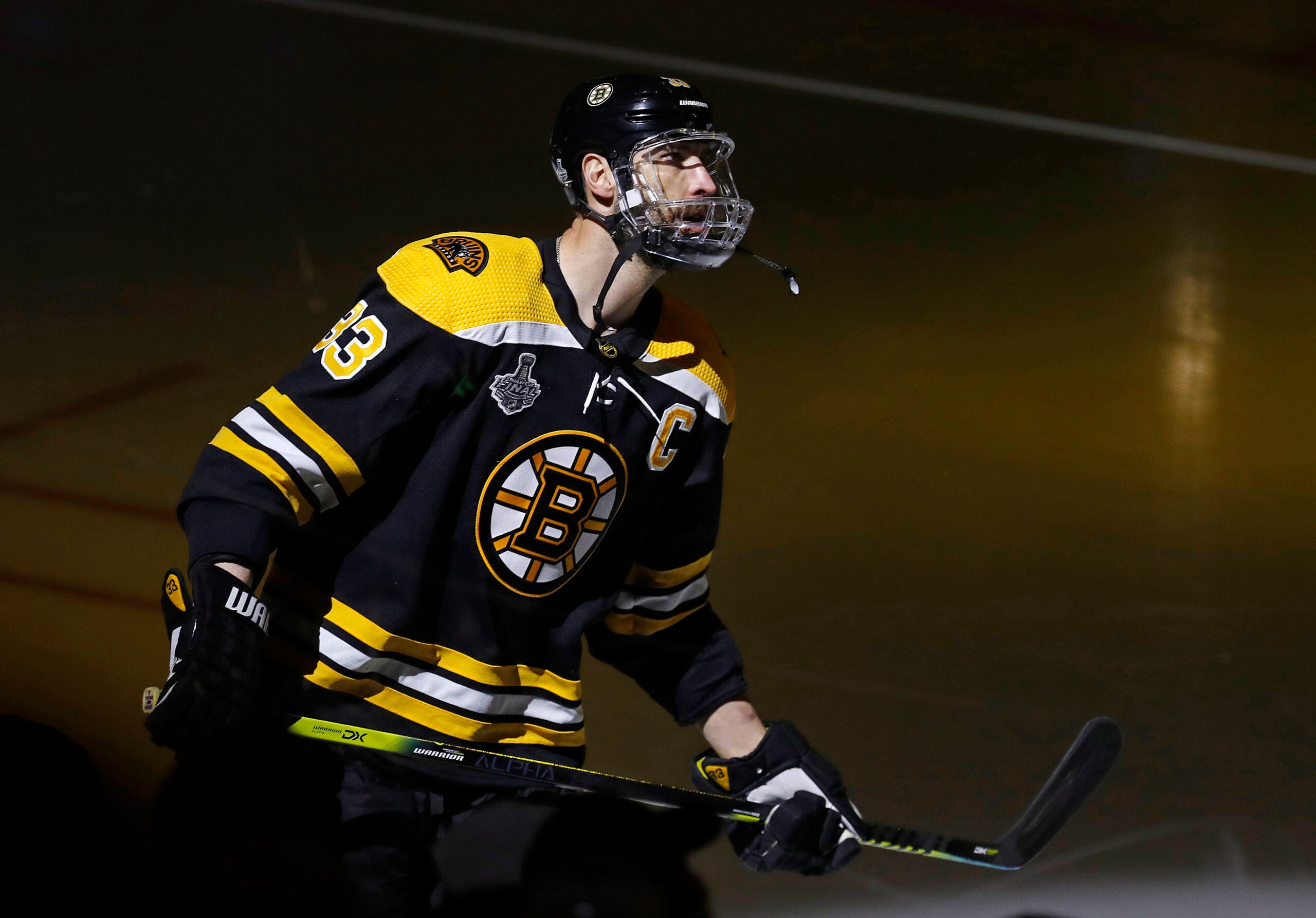 Bruins captain Zdeno Chara is pictured on the ice during pre game warmups. The Boston Bruins host the St. Louis Blues in Game 5 of the 2019 Stanley Cup Final at TD Garden.