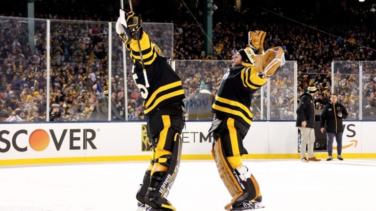 Bear Hug!!! Boston Bruins Goaltender, Linus Ullmark, congratulates