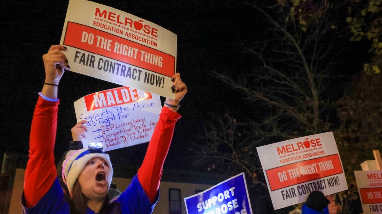 Nicole Goodhue, a second grade teacher Horace Mann Elementary School in Melrose, during a rally sponsored by the Melrose Education Association for a fair teachers contract in front of the Melrose City Hall in November.