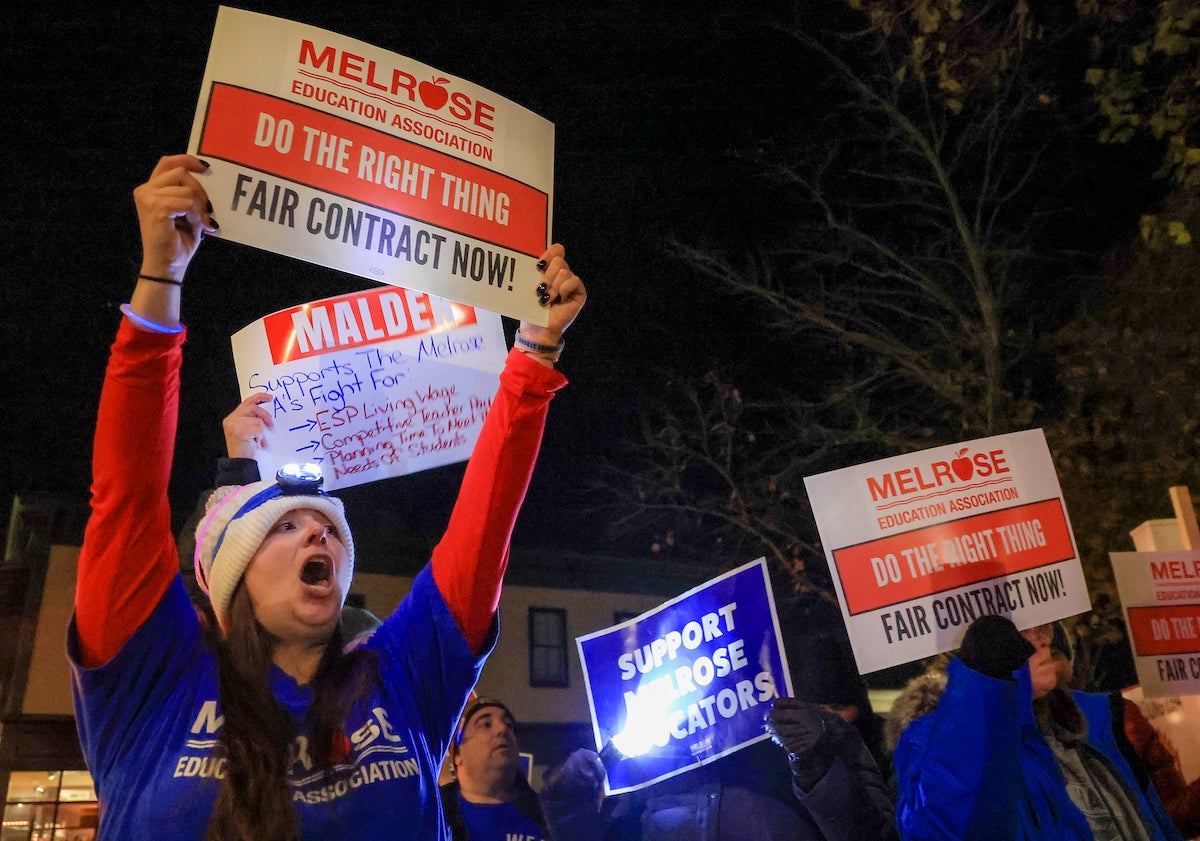Nicole Goodhue, a second grade teacher Horace Mann Elementary School in Melrose, during a rally sponsored by the Melrose Education Association for a fair teachers contract in front of the Melrose City Hall in November.