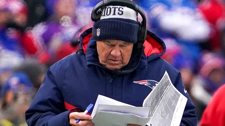 New England Patriots head coach Bill Belichick on the sidelines during the first quarter. The Buffalo Bills host the New England Patriots at Highmark Stadium Sunday, January 8, 2023 in Orchard Park, NY.