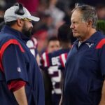 Matt Patricia, senior football advisor/offensive line, and New England Patriots head coach Bill Belichick on the sidelines. The New England Patriots host the Carolina Panthers in a preseason game at Gillette Stadium in Foxborough, MA on August 19, 2022.