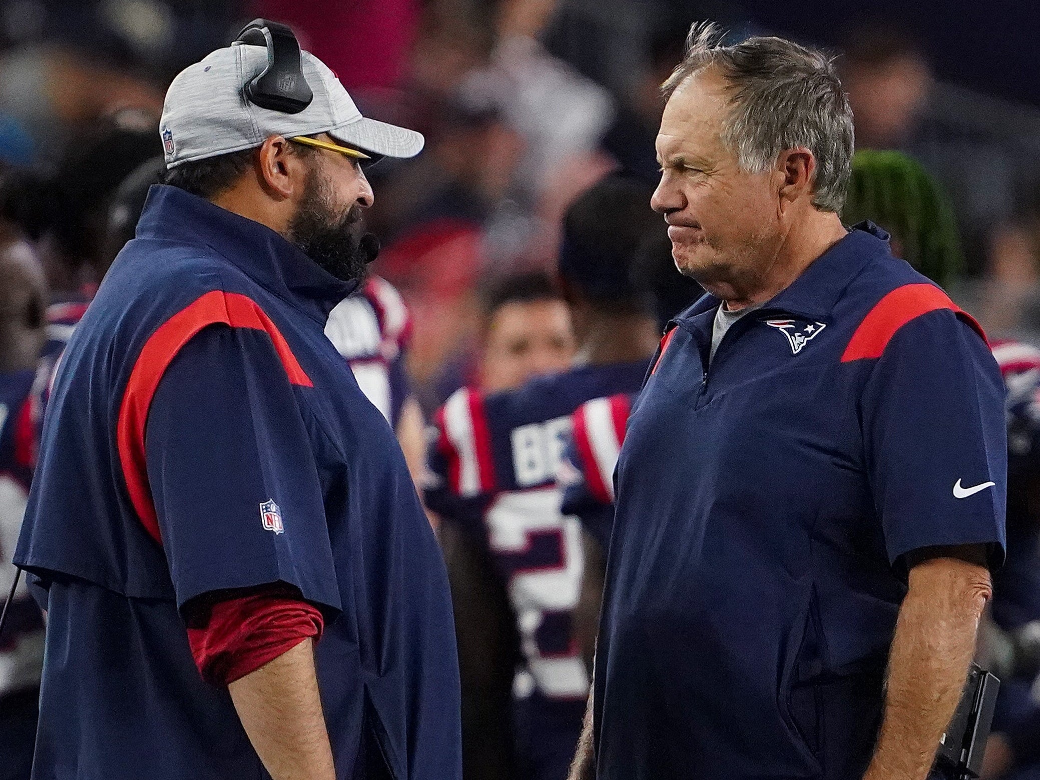 Matt Patricia, senior football advisor/offensive line, and New England Patriots head coach Bill Belichick on the sidelines. The New England Patriots host the Carolina Panthers in a preseason game at Gillette Stadium in Foxborough, MA on August 19, 2022.