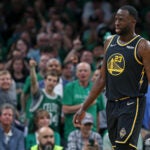 The Warriors' Draymond Green (23) hears it from the fans after he committed a fourth quarter foul. The Boston Celtics hosted the Golden State Warriors for Game Three of the NBA Finals at the TD Garden.