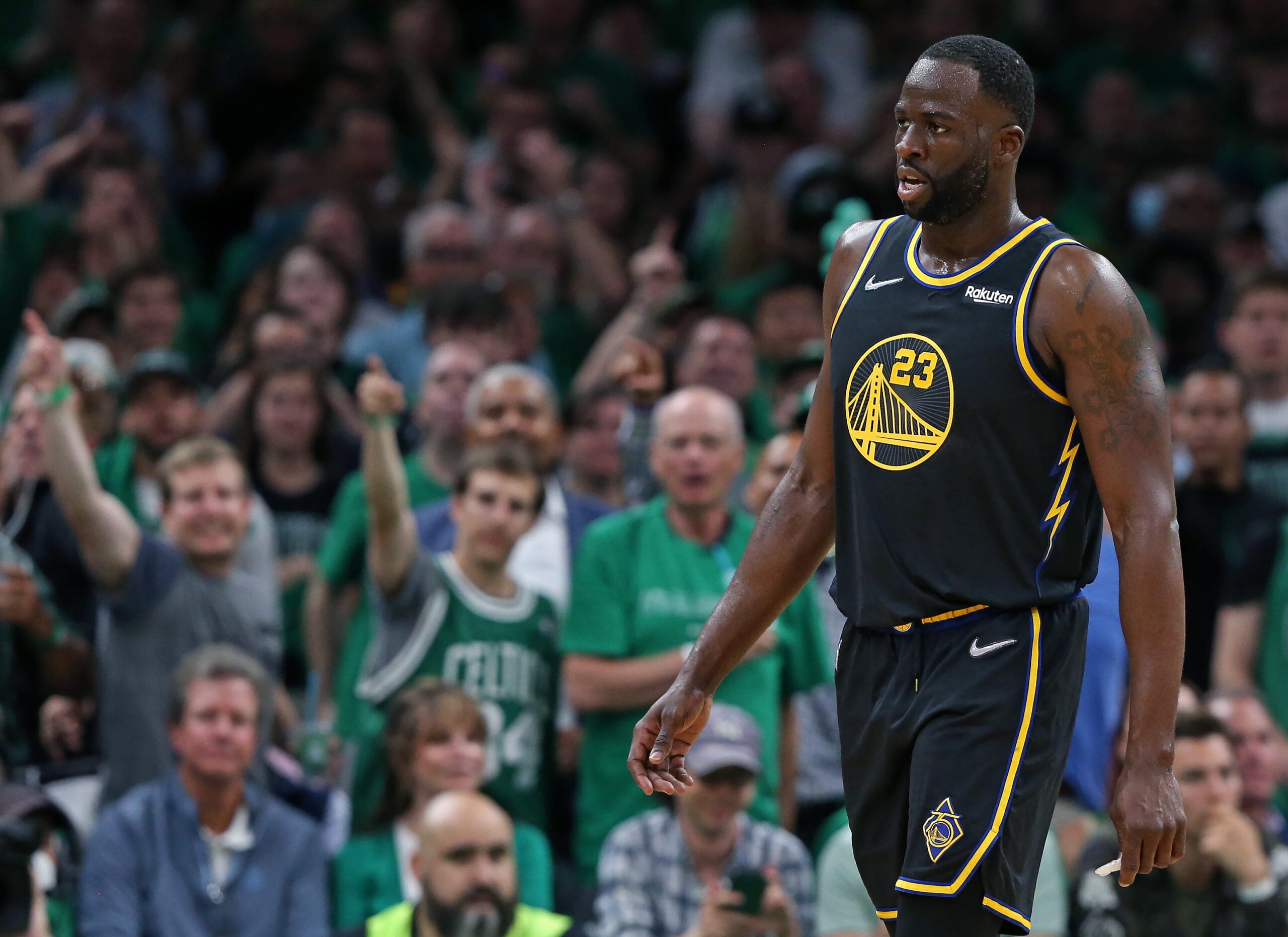 The Warriors' Draymond Green (23) hears it from the fans after he committed a fourth quarter foul. The Boston Celtics hosted the Golden State Warriors for Game Three of the NBA Finals at the TD Garden.