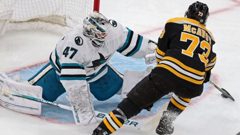 The Bruins Charlie McAvoy beat Sharks goalie James Reimer for a second period goal.. The Boston Bruins hosted the San Jose Sharks in a regular season NHL hockey game at the TD Garden.