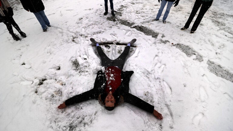 Harvard pupil  Erick Medeiros makes a snowfall  angel successful  the recently  fallen snowfall  successful  Harvard Yard connected  Monday.