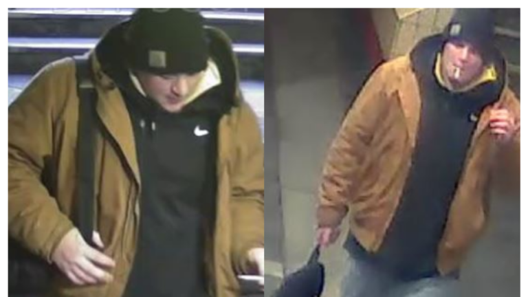 alt = two corners of suspect wanted by MBTA transit police.  The suspect appears to be a white male wearing jeans, boots, a black hoodie, a black Nike sweatshirt and a brown jacket who appears to be carrying a black backpack.