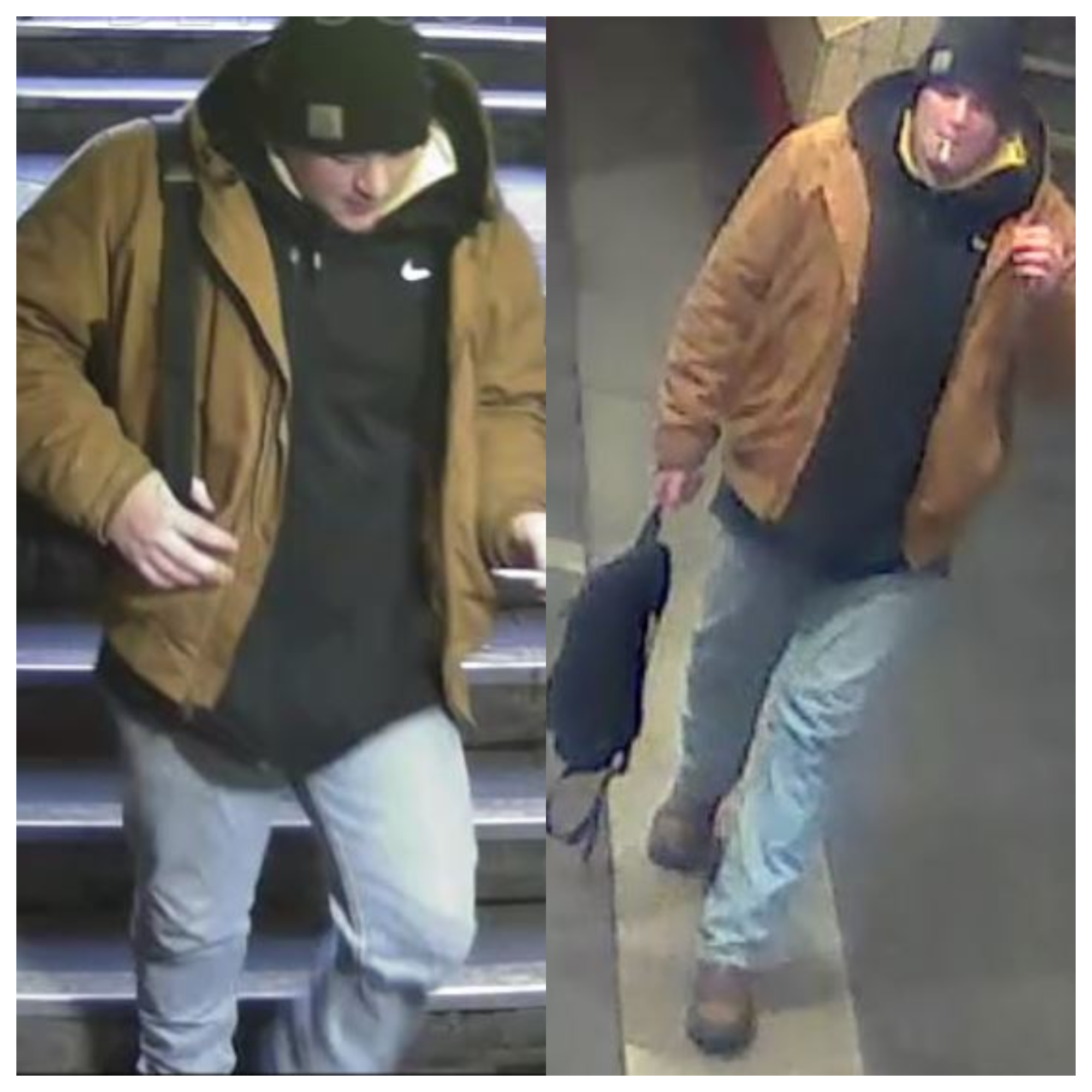 alt = two angles of a suspect wanted by MBTA Transit Police. The suspect appears to be a white man wearing jeans, boots, a black hat, a black Nike sweatshirt, and a brown jacket, who looks to be carrying a black backpack.